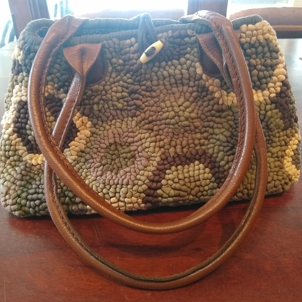 Handmade rug hook purse with leather handles